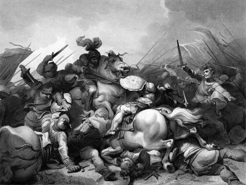 A chaotic battle scene with armored warriors on horseback engaged in combat, displaying swords and shields amidst fallen soldiers.