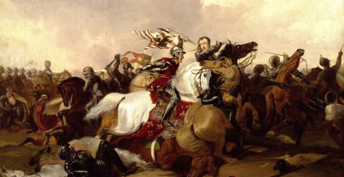 A chaotic medieval battle scene featuring knights in armor, horsemen in motion, and raised flags, capturing the intensity of combat.