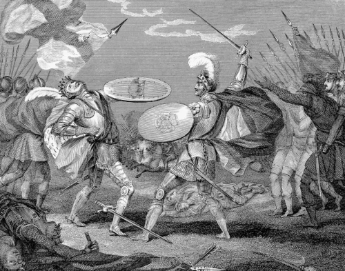 Knights engage in a fierce battle, swords clashing and shields raised, amidst a chaotic medieval scene with fallen soldiers in the background.