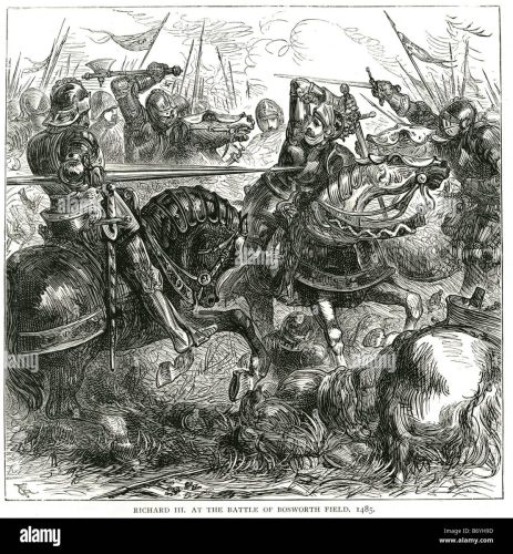 Richard III engages in battle during the 1485 Battle of Bosworth Field, showcasing intense conflict with armored knights and fallen horses.