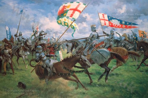 Knights in armor charge on horseback, brandishing flags and lances in a dynamic medieval battle scene, showcasing historical warfare.