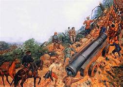 Soldiers and horses maneuver a large cannon up a steep, rocky hillside, depicting a historical military effort. The scene illustrates the challenges of transporting artillery in rugged terrain.