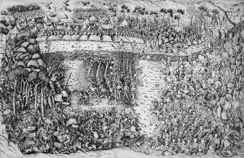 A chaotic battle scene depicts soldiers clashing with weapons near tents, with strategic formations and intense combat on a riverbank.