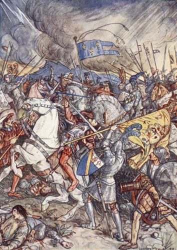 Medieval battle scene featuring armored knights and soldiers engaged in combat. Flags wave amidst smoke, capturing the chaos of war.